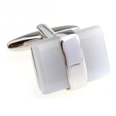 White Cats Eye with Silver Band Cufflinks Cuff Links.JPG